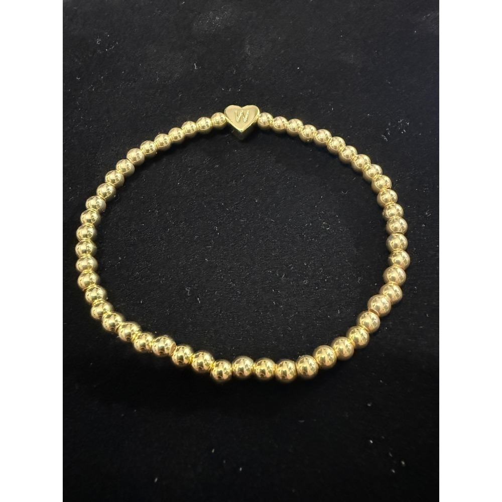 Gold Beaded Bracelet with Heart Charm Letter W Initial Stretchy‎